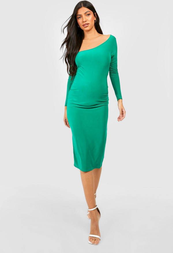boohoo Zwangerschap Strakke Midi Jurk Met Asymmetrische Hals, Green