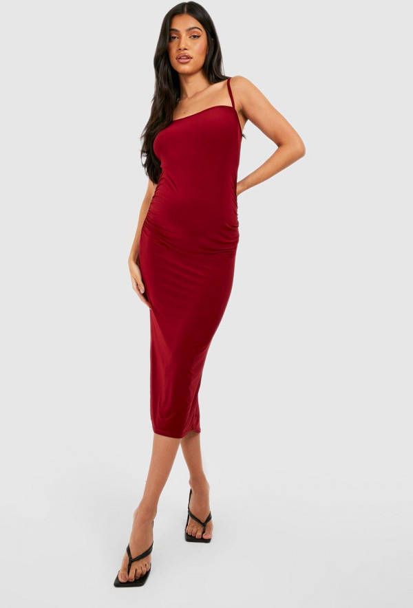 boohoo Zwangerschap Strakke Midi Jurk Met Vierkante Hals En Bandjes, Berry