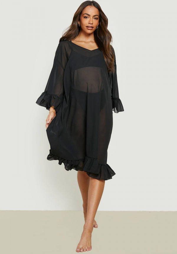 boohoo Zwangerschap Strand Jurk Met Ruches, Black