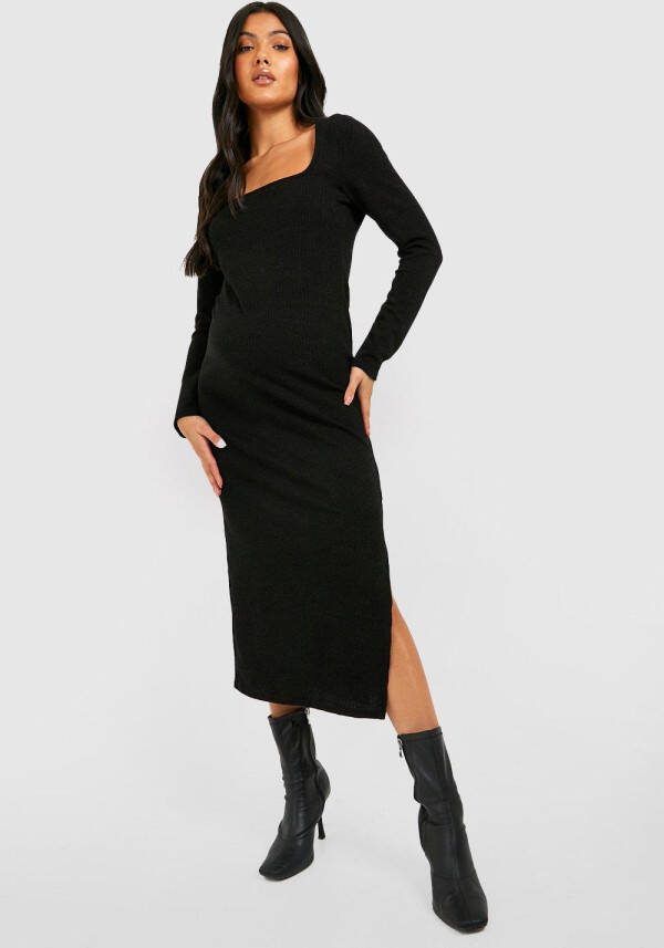 boohoo Zwangerschap Zachte Gebreide Midaxi Jurk Met Vierkante Hals, Black