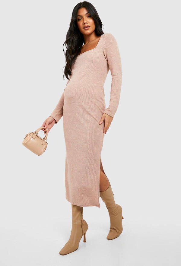 boohoo Zwangerschap Zachte Gebreide Midaxi Jurk Met Vierkante Hals, Camel