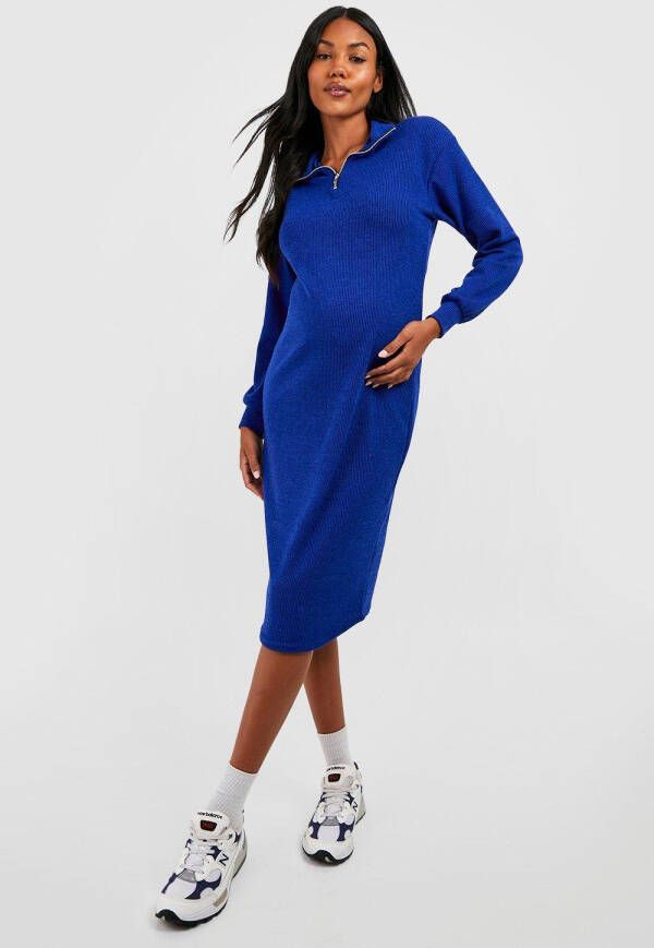 boohoo Zwangerschap Zachte Gebreide Midi Jurk Met Hals Rits, Cobalt