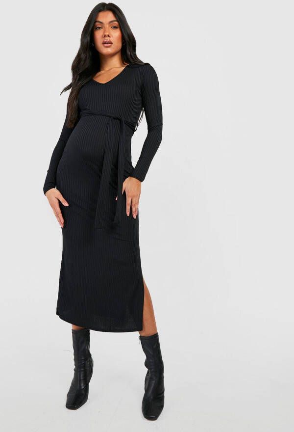boohoo Zwangerschap Zachte Geribbelde Midaxi Jurk Met V Hals, Black