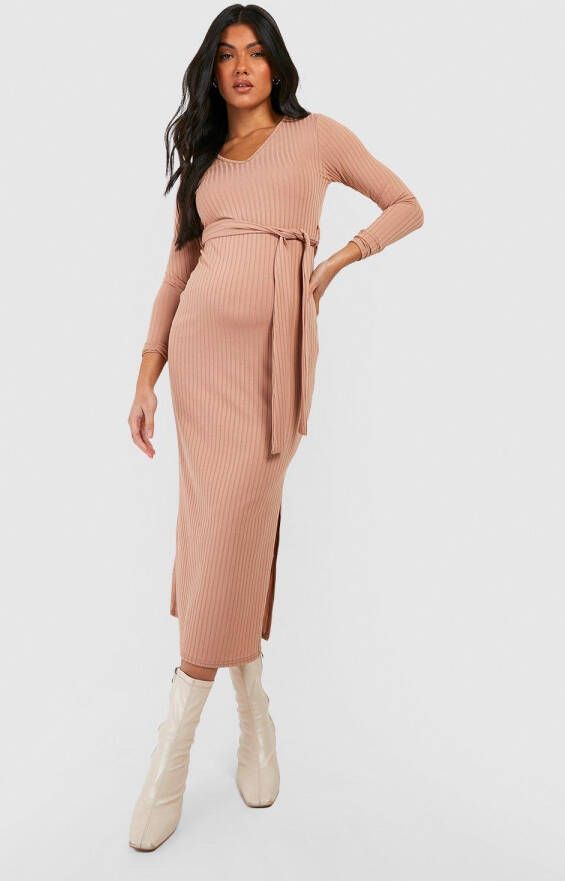 boohoo Zwangerschap Zachte Geribbelde Midaxi Jurk Met V Hals, Stone