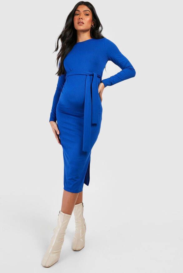 boohoo Zwangerschap Zachte Geribbelde Midi Jurk Met Ceintuur En Split, Petrol