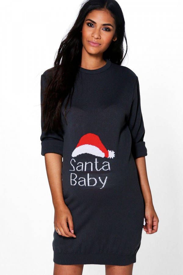 boohoo Zwangerschap 'Santa Baby' Kersttrui Jurk, Grey