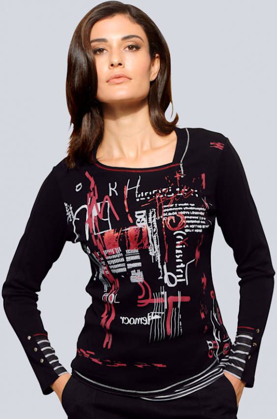 alba moda Shirt met folieprint voor Zwart/Rood/Wit