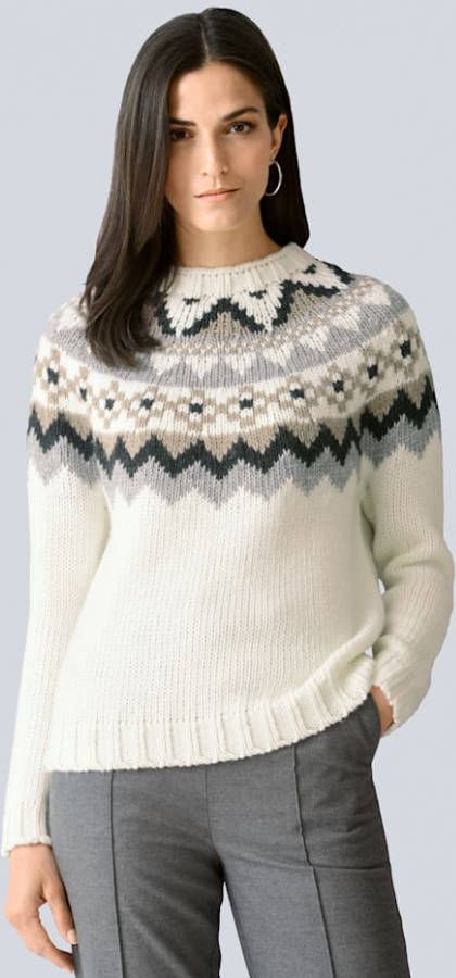 alba moda Trui met trendy Noors dessin Offwhite/Grijs/Taupe