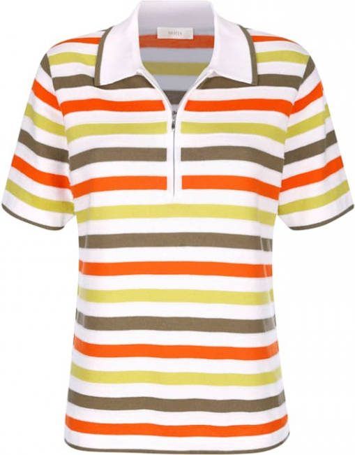 MONA Shirt polo gebreid met sportief streepdessin Wit/Oranje/Zachtgroen