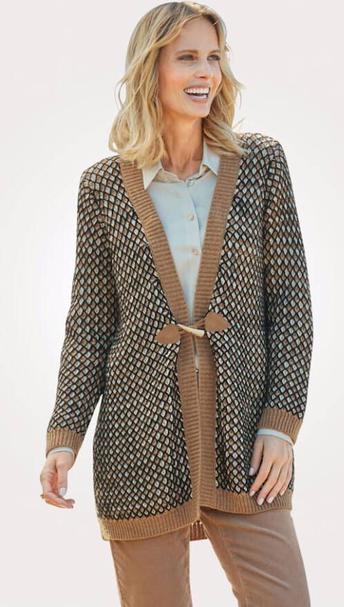 MONA Vest met bicolor structuurpatroon Ecru/Camel/Zwart