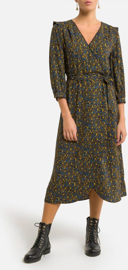 Vila Bedrukte jurk, 3/4 midi lengte, overslag effect