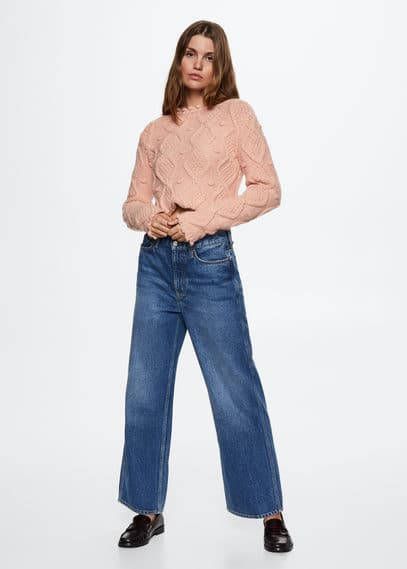 Mango Trixie kabelgebreide cropped trui met opstaande kraag