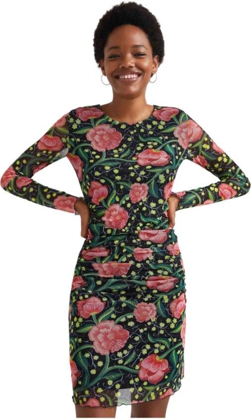 Desigual gebloemde semi transparante jurk zwart/groen/roze