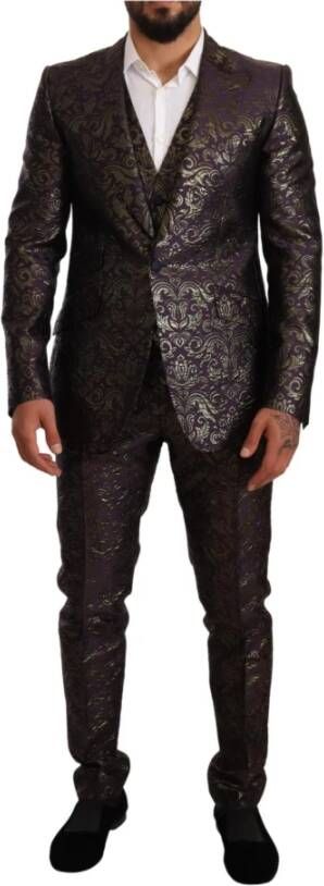 Dolce & Gabbana Purple Gold Brocade Slim 3 Piece Sicilia Suit , Paars, Heren