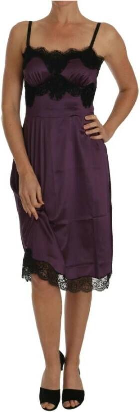 Dolce & Gabbana Silk Stretch Black Lace A Line Dress , Paars, Dames
