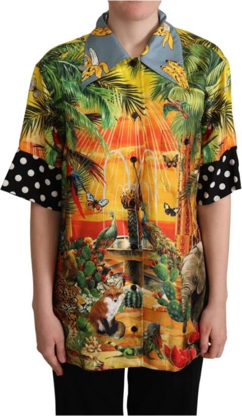 Dolce & Gabbana Multicolor Jungle Tropical Polka Dot Print Silk Shirt , Oranje, Dames