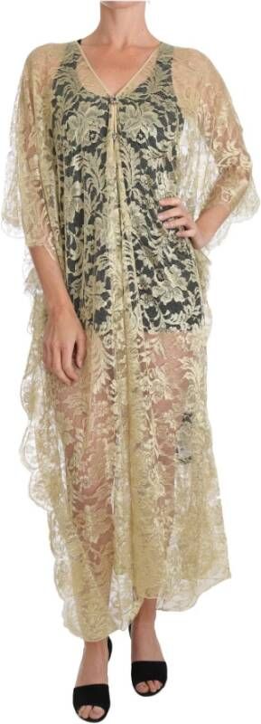 Dolce & Gabbana Gold Floral Lace Crystal Gown Cape Dress , Geel, Dames