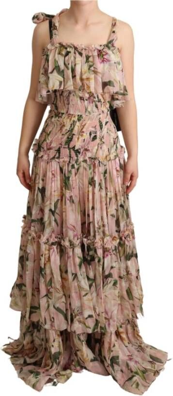 Dolce & Gabbana Pink Floral Print Silk Chiffon Tiered Dress , Roze, Dames