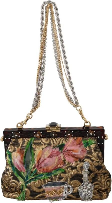 Dolce & Gabbana Bag Purse Vanda Gold Floral Crystal Shoulder Bag , Geel, Dames
