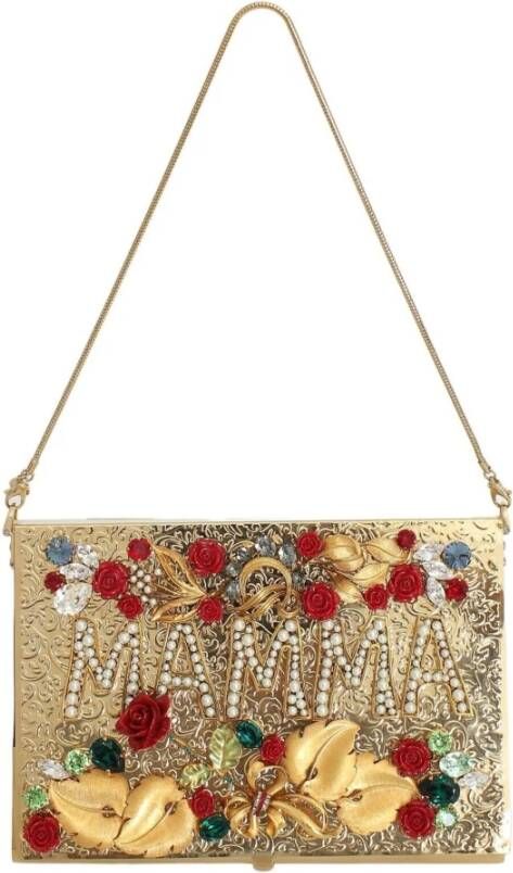 Dolce & Gabbana Gold Brass Crystal Mamma Rose Evening Box Bag , Geel, Dames