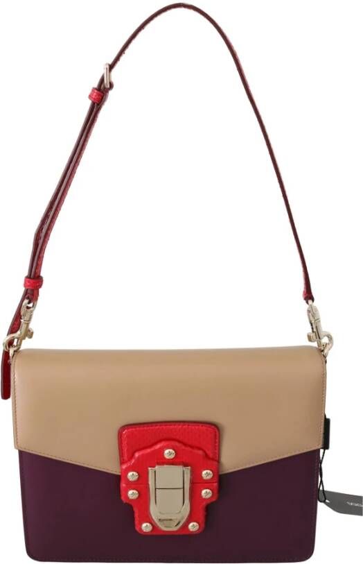 Dolce & Gabbana Purple Beige Red Leather Crossbody Purse Bag , Paars, Dames