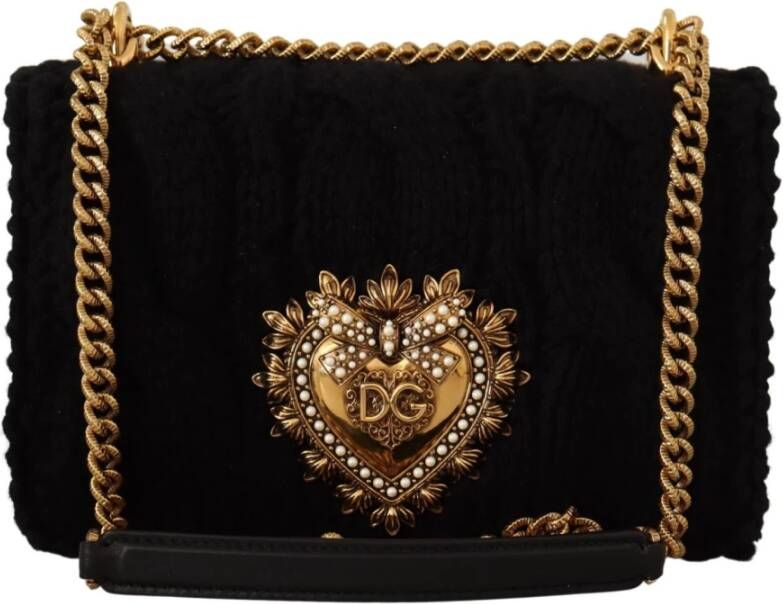 Dolce & Gabbana Black Wool Cashmere Leather Small Shoulder Devotion Bag , Zwart, Dames