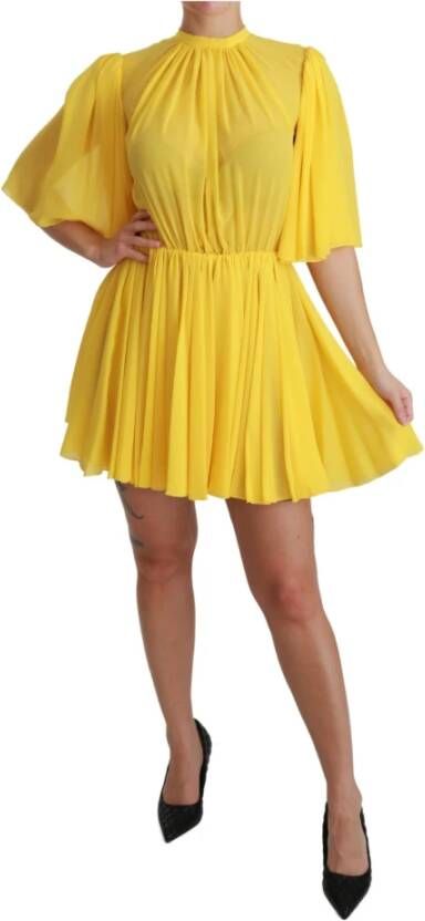 Dolce & Gabbana Yellow Pleated A line Mini 100% Silk Dress , Geel, Dames