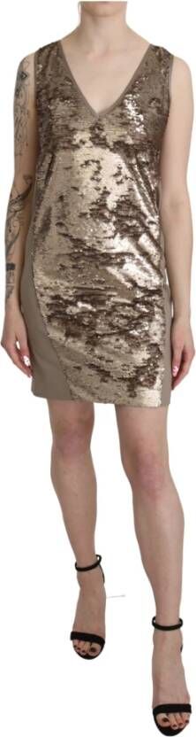 Liu Jo Brown Sequined V neck Sleeveless Sheath Mini Dress , Bruin, Dames