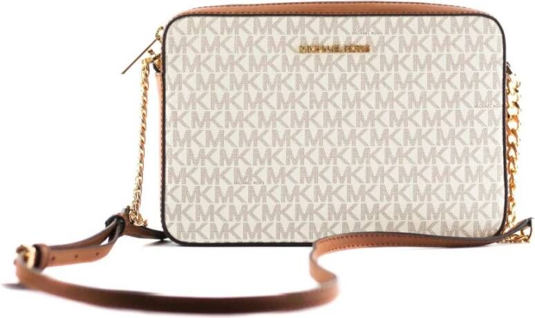 Michael Kors Jet Set Large East West Saffiano Leather Crossbody Bag Handbag(Vanilla Signature), Beige, Dames