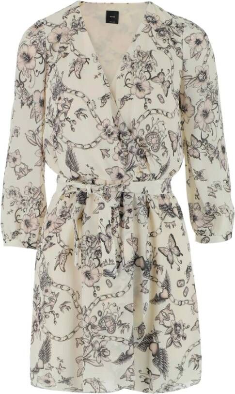 pinko Dress made of viscose V neckline Wrap closure with matching fabric belt Long puff sleeves All over tattoo print Ivory, black Made in Italy Composition 100% viscose , Wit, Dames