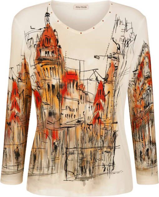 alba moda Shirt met modieus stadsmotief Ecru/Oranje/Bruin