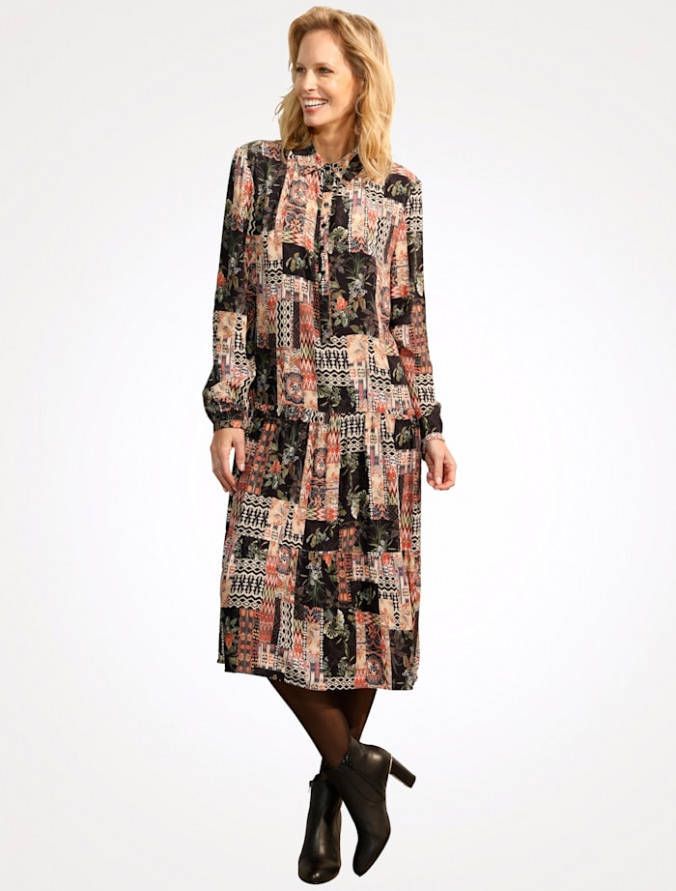 MONA Jurk met dessin in patchworklook Terracotta/Zwart