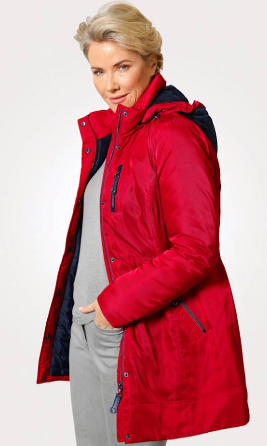 MONA Lange jas met doorgestikte capuchon Rood/Zwart