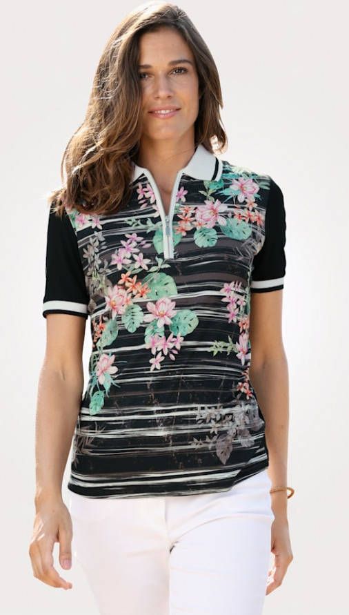 MONA Poloshirt met beeldig bloemenborduursel Zwart/Mint/Pink