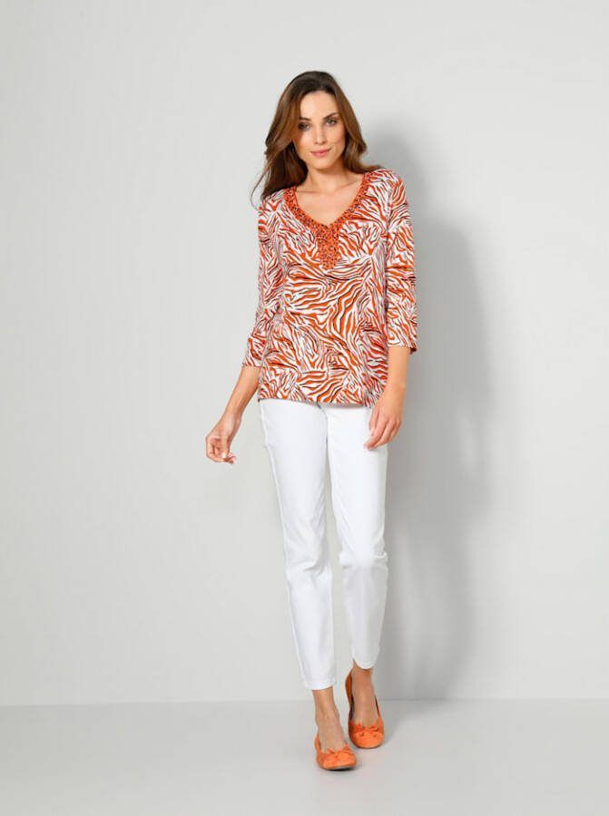 MONA Shirt met kraaltjesversiering bij de hals Oranje/Wit