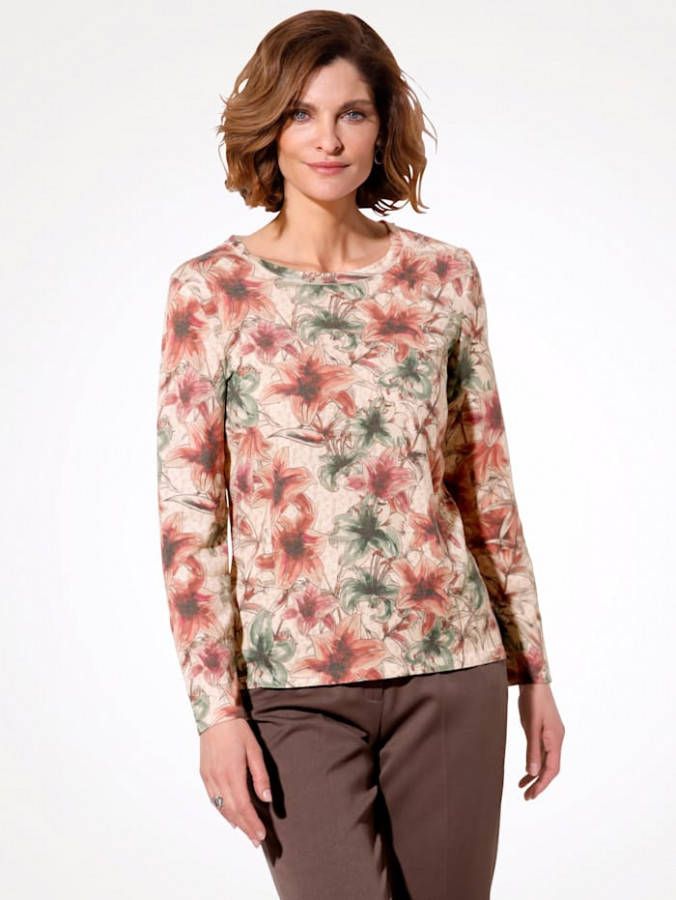 MONA Trui met bloemendessin Apricot/Olijf