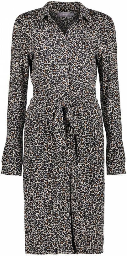 Geisha blousejurk met panterprint en ceintuur zwart/ beige