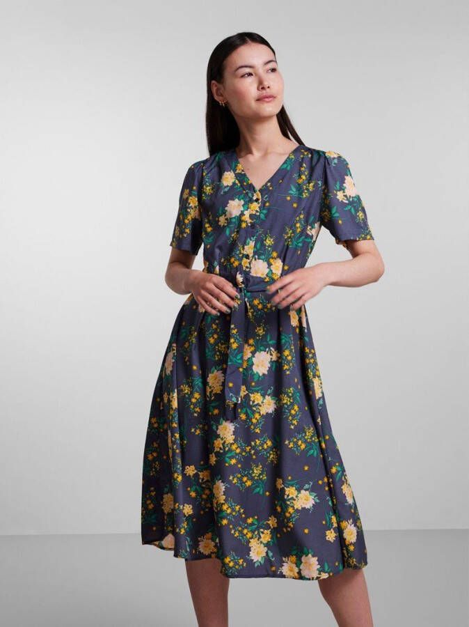 PIECES gebloemde jurk blauw/geel/groen