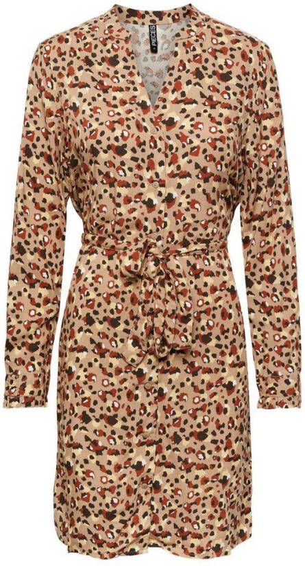 PIECES jurk PCCARLY met all over print en ceintuur bruin/lichtgeel/ecru