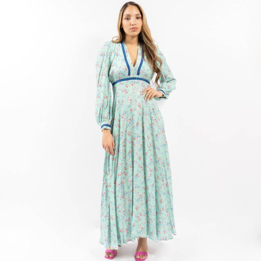 Silvian Heach Long Floral Fantasy Dress With Contrasting Edges , Groen, Dames
