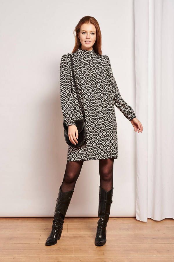 Smashed Lemon jurk met all over print en plooien zwart/ecru