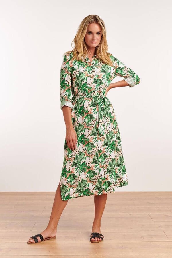 Smashed Lemon jurk Femmy met all over print en ceintuur ecru/groen