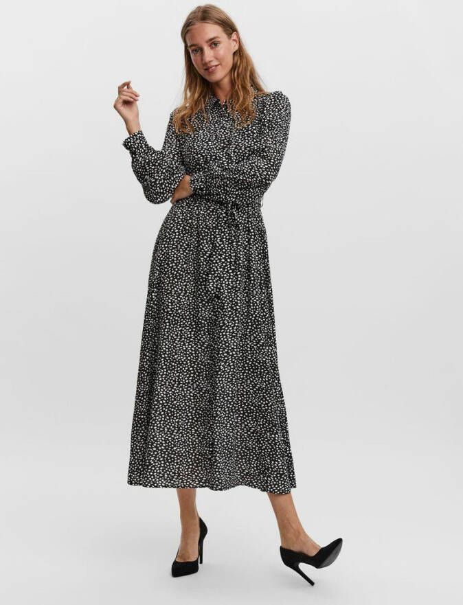 VERO MODA maxi blousejurk VMVICA met all over print en ceintuur zwart/ecru