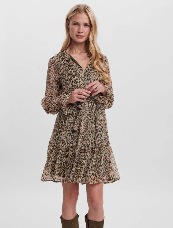 VERO MODA semi transparante A lijn jurk VMFLEO met dierenprint en ruches beige