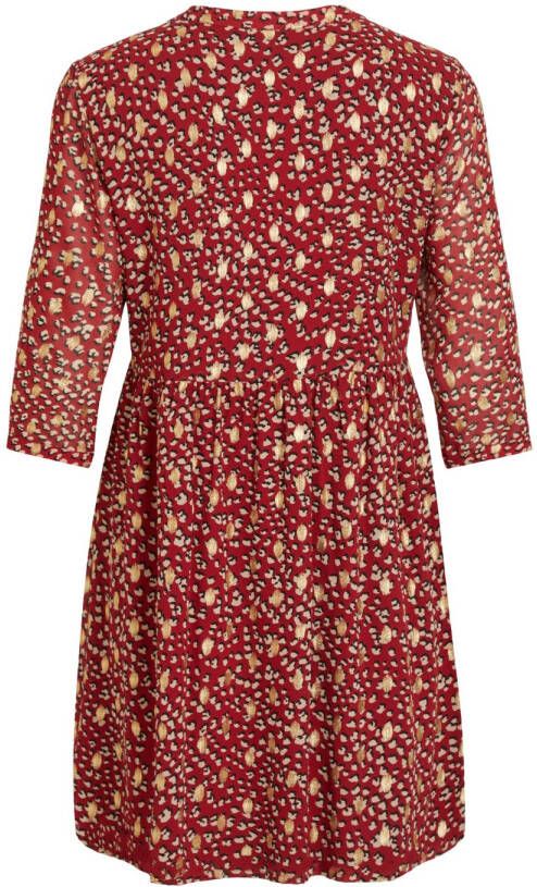 VILA jurk Menakaya met all over print en plooien rood/goud