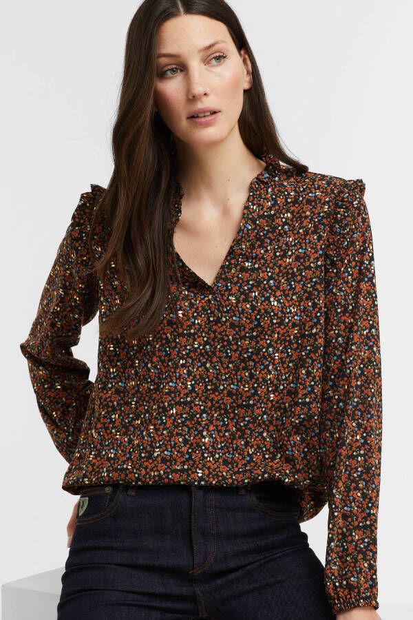 Geisha gebloemde geweven top zwart/blau/oranje/groen/ecru