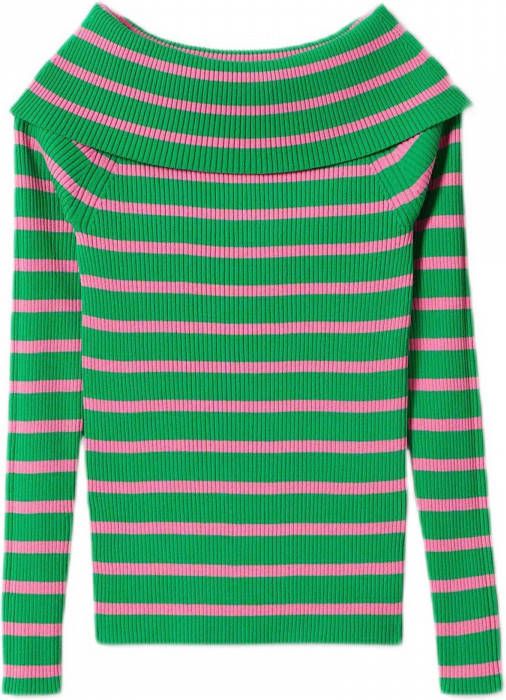 Mango gestreepte fijngebreide off shoulder top groen/roze