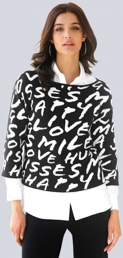 alba moda Trui met exclusief dessin Offwhite/Zwart