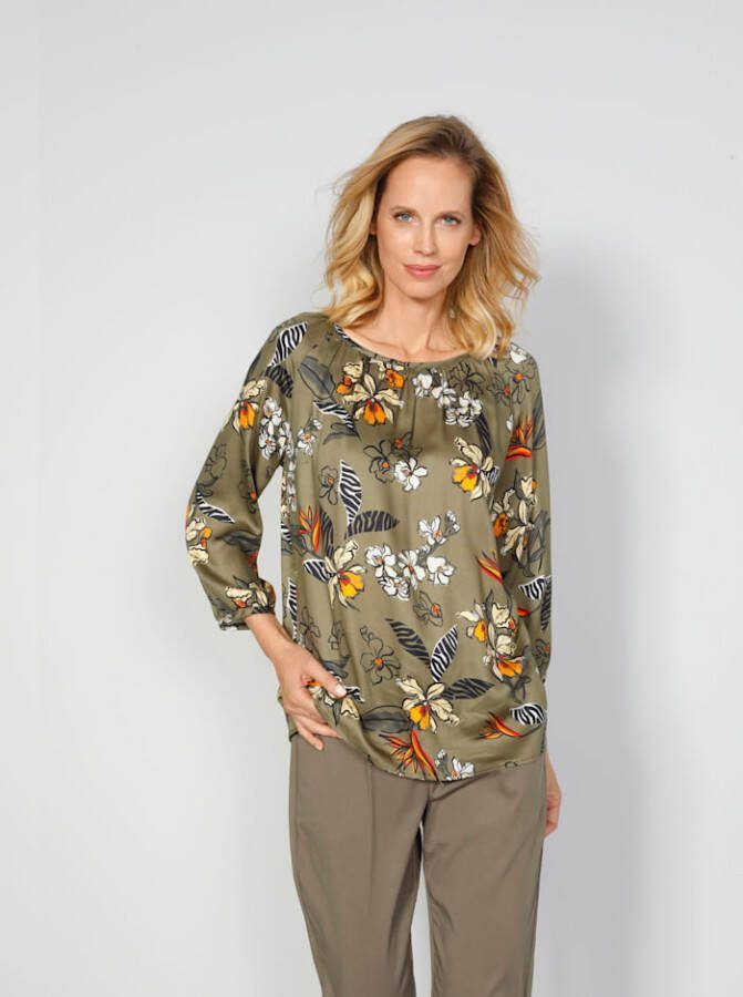 MONA Blouse met bloemenprint Olijf/Oranje