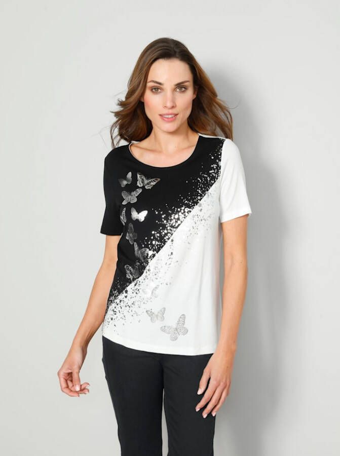MONA Shirt met glanzende folieprint Zwart/Wit